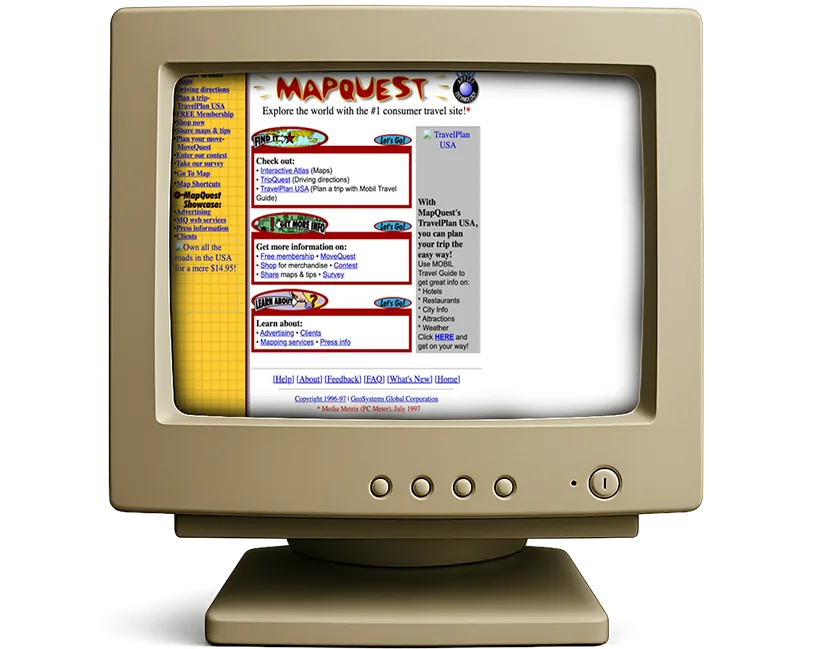 A beige CRT monitor from the late nineties showing a 1997 travel website: a grey tiled page, boxed-in link lists and blue underlined text.
